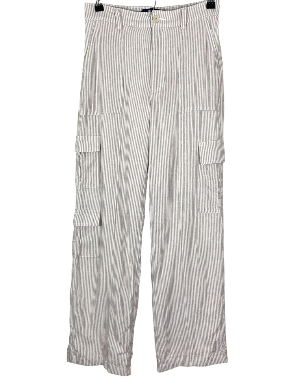 Hollister Womens Ultra High-Rise Baggy Cargo Pants Small Striped Linen Blend